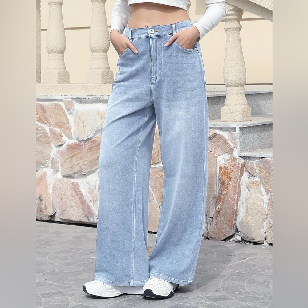 ELLEVEN High Stretchy Sweatpant Elastic Waist Wide Leg Baggy Knit Jeans Straight
